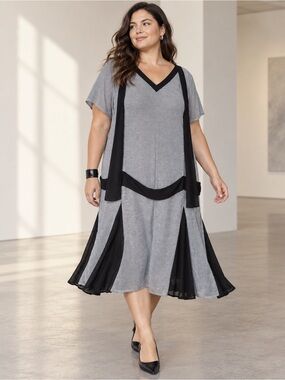 Marycrafts Drop Waist Godet Midi Dress Black Gray XL Avant Garde